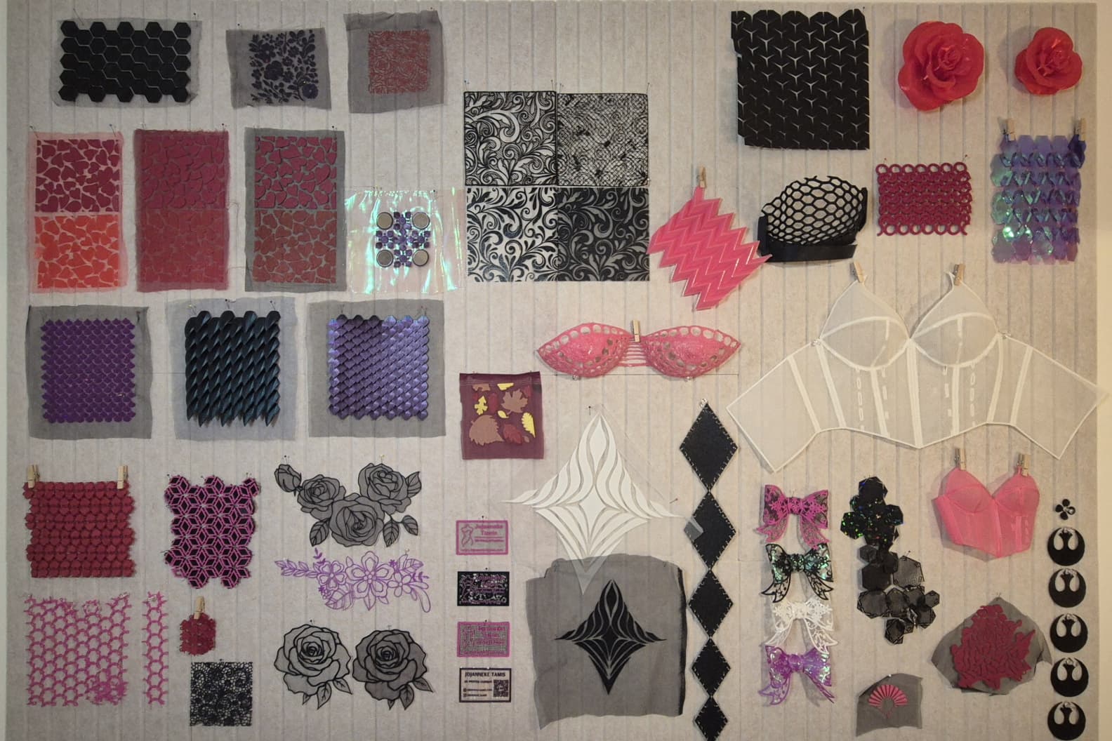 Wall of 3D printed textile experiments and swatches